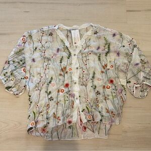 Tina Stephens Floral Embroidered Sheer Blouse